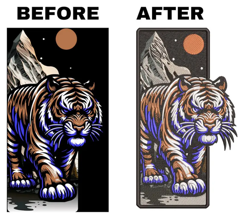 Before and after comparison of detailed tiger artwork and a colorful digital embroidery design preview with bold outlines and contrasting colors.