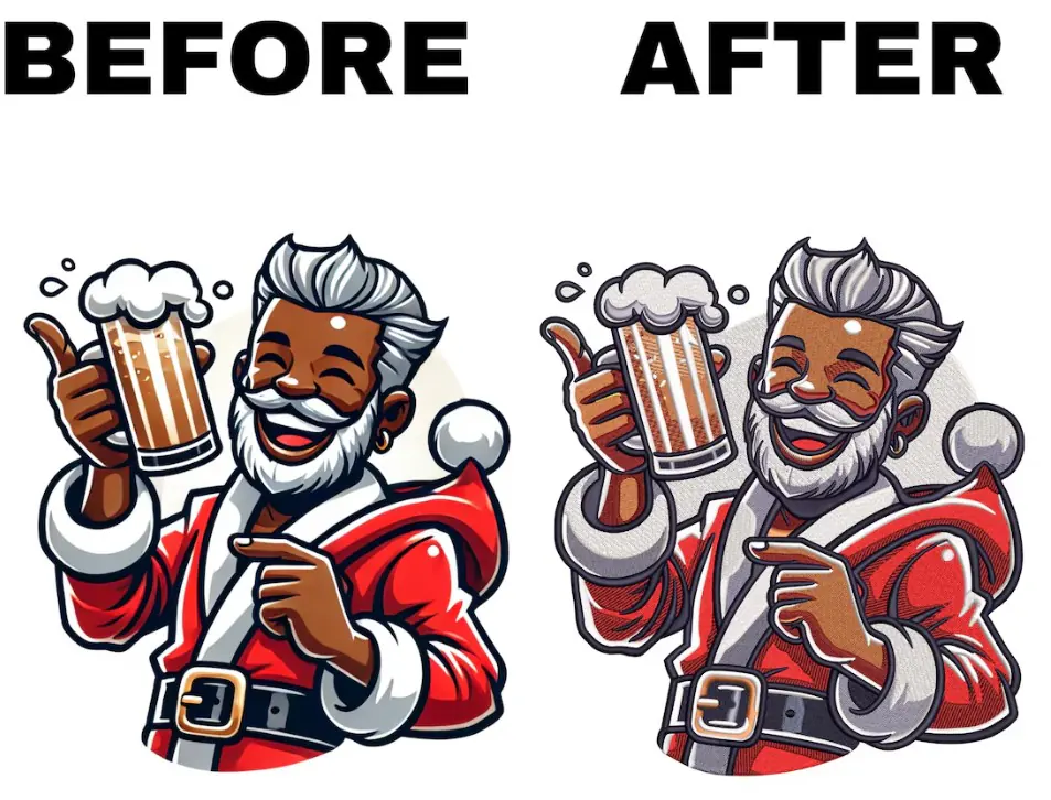 Before and after comparison of colorful Santa Claus artwork and its digital embroidery design preview, featuring a white beard, red clothing, and beer mugs.
