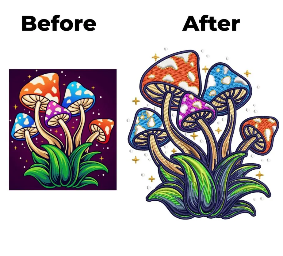 Before and after comparison of colorful fantasy mushroom artwork and a digital embroidery design preview featuring patterned mushroom caps and green foliage.