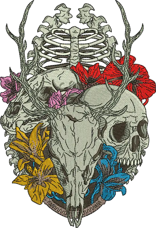 Digital embroidery stitch preview of an antlered skull and ribcage surrounded by red, pink, yellow, and blue flowers.