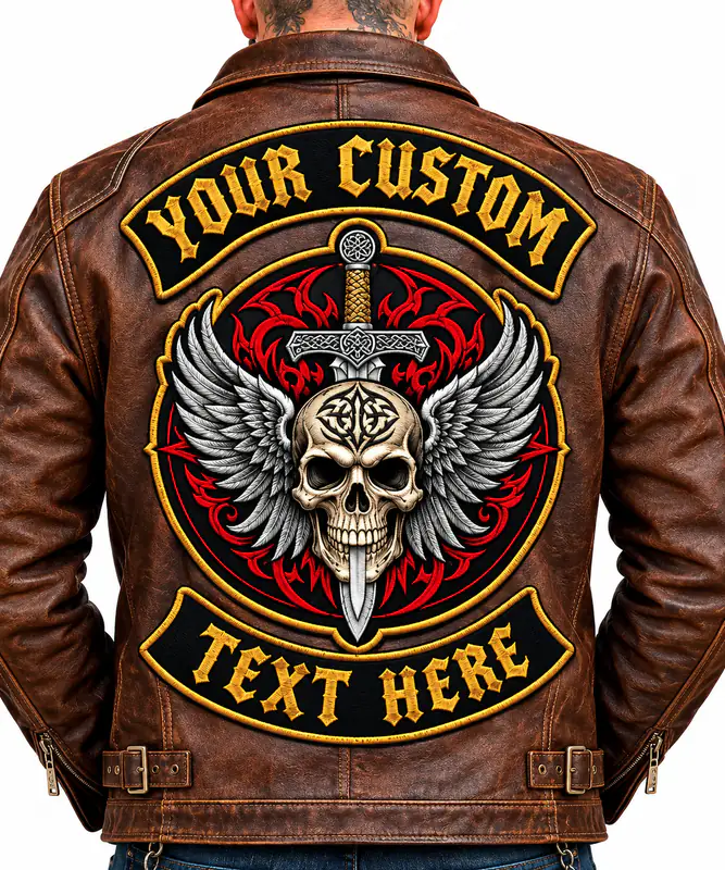 Brown jacket back displaying a large multicolor embroidery-style design with yellow lettering and detailed red, black, and white artwork.