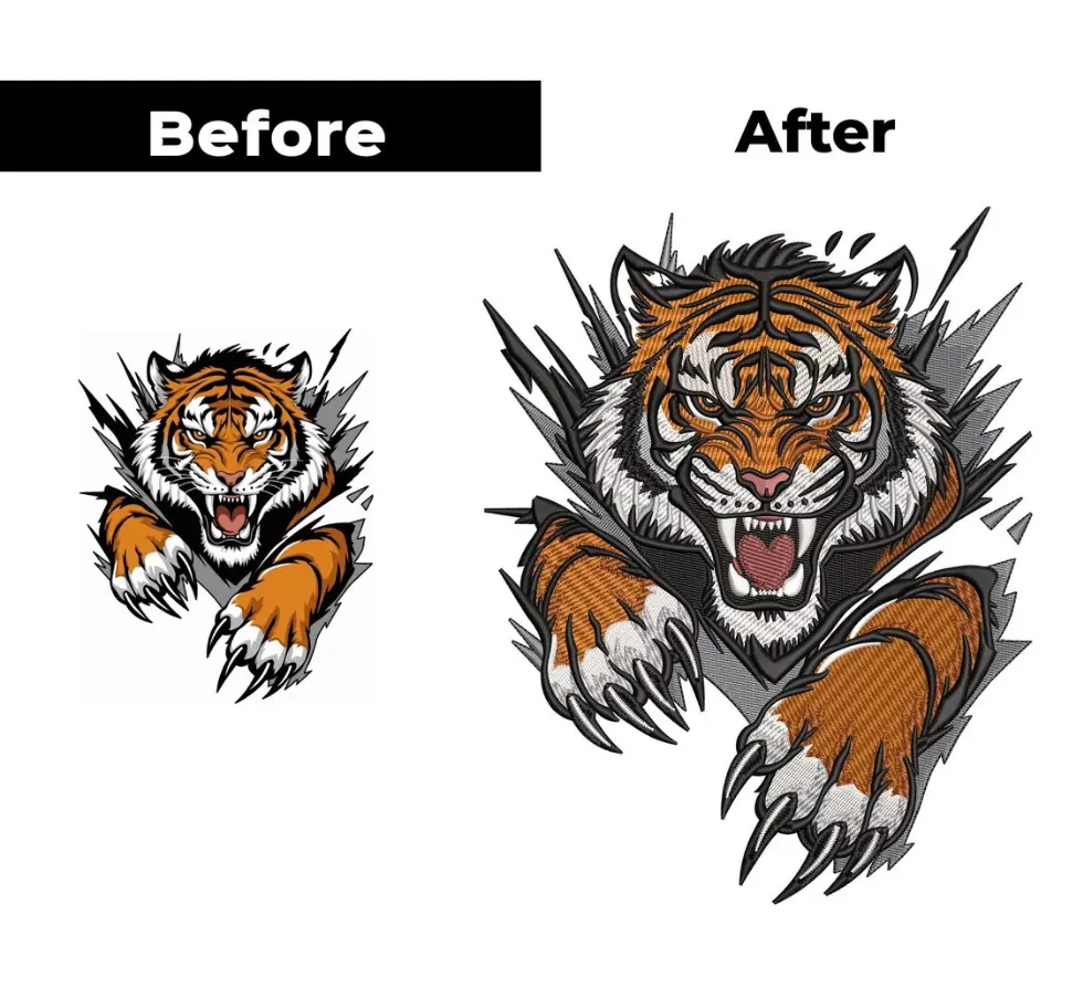 Before and after comparison of tiger logo artwork and a digital embroidery design preview featuring orange-and-black stripes, claws, and bold outlines.